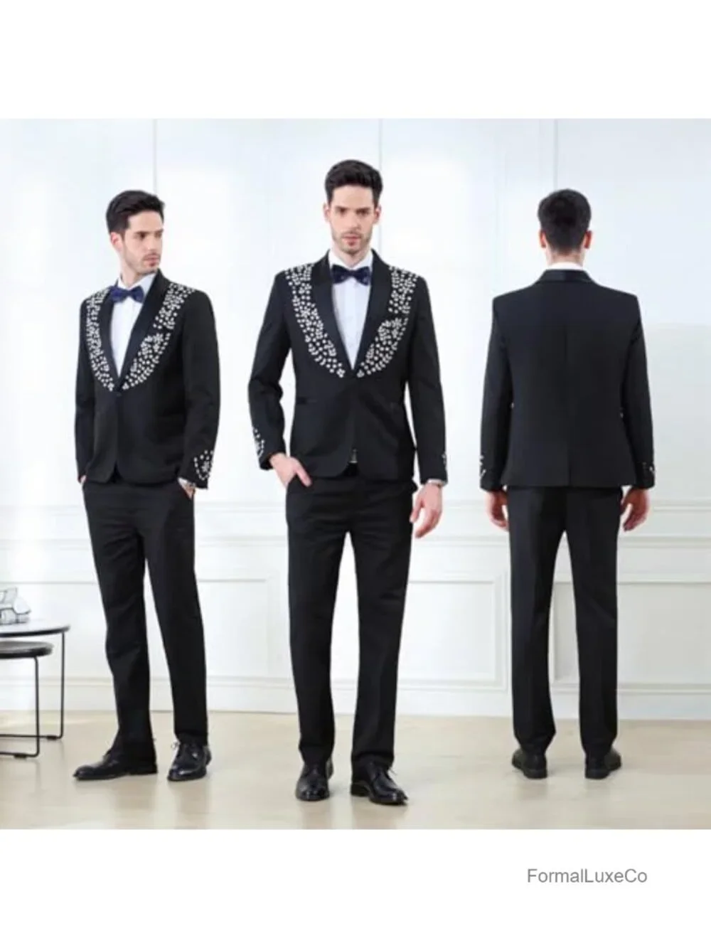 Men's 2-Piece Beaded Suit Slim Fit One Button Shawl Lapel Wedding Tuxedo Set